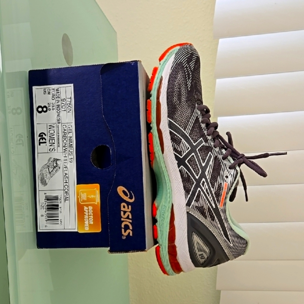 Asics Gel Nimbus 19 Women's Athletic Shoes - Carbon, White, Orange, Mint Size 8